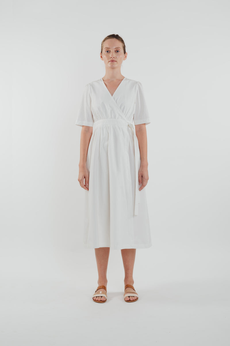 Cotton Midi Wrap Dress in White – KLARRA